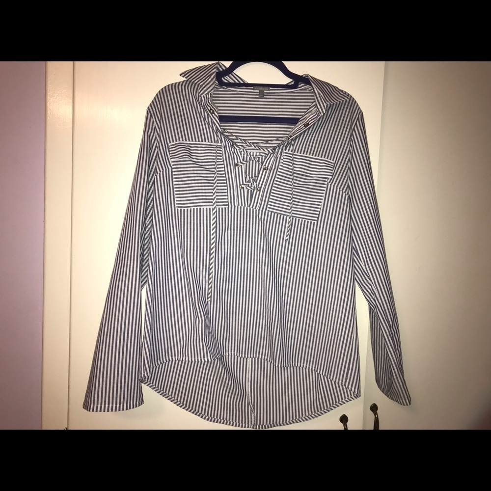 Striped lace-up long sleeve blouse